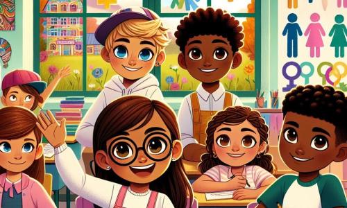 In einem bunten Klassenzimmer stehen vier Freunde im Mittelpunkt. Mia, ein 11-jähriges Mädchen mit braunen Haaren und einer Brille, lächelt begeistert und hält ein großes Plakat über Geschlechtergleichheit. Rechts von ihr hebt Leo, ein 12-jähriger Junge mit blonden Haaren und funkelnden Augen, die Hand, um eine Frage zu stellen, und zeigt einen neugierigen Gesichtsausdruck. Links schreibt Sarah, ein 11-jähriges Mädchen mit schwarzen Zöpfen und einem rosa T-Shirt, konzentriert in ein Notizbuch. Schließlich steht Ben, ein 12-jähriger Junge mit braunen Haaren und einer Kappe, hinter ihnen und hält ein buntes Plakat mit Zeichnungen von Gleichheitssymbolen. Das Klassenzimmer ist mit bunten Postern zur Geschlechtergleichheit dekoriert, mit Zeichnungen von Kindern unterschiedlicher Herkunft, die zusammen spielen. Sonnenlicht strömt durch die Fenster und erhellt die Gesichter der Kinder, wodurch eine warme und einladende Atmosphäre entsteht. Die Hauptsituation zeigt die Freunde, die eine Präsentation zur Geschlechtergleichheit vorbereiten, vereint und entschlossen, ihre Stimme zu erheben, während ihre Klassenkameraden aufmerksam zuhören, bereit zu lernen und zu diskutieren.