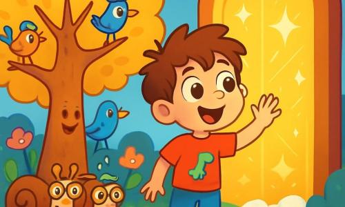 Un niño de 6 años, llamado Nico, con cabello castaño desordenado y grandes ojos redondos y asombrados, se encuentra frente a una puerta brillante, su rostro radiante de curiosidad y emoción. Lleva una camiseta roja con un pequeño dinosaurio y un pantalón corto azul. A su lado, un majestuoso árbol con hojas doradas, que parece sonreír, con ramas que bailan suavemente al viento. Caracoles con gafas y pájaros con sombreros coloridos se reúnen alrededor del árbol, observando a Nico con interés. El lugar es un jardín mágico, lleno de flores brillantes de colores vivos y un camino de nubes suaves y esponjosas que conduce a la puerta resplandeciente. La escena principal muestra a Nico, asombrado, tocando la puerta brillante, listo para entrar en un mundo fantástico, mientras el árbol y las criaturas lo animan con bondad.