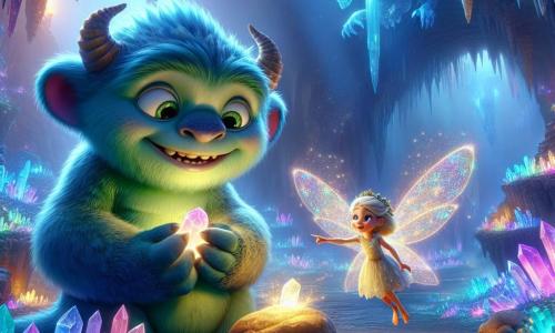 Em uma caverna mágica iluminada por cristais cintilantes, Ludo, um monstro amigável com pele verde suave e olhos redondos e brilhantes, está no centro, exibindo um grande sorriso de curiosidade e admiração. Ele segura uma pedra brilhante nas mãos, olhando com fascinação para o Dragão de Cristal. Ao seu lado, Anya, uma jovem fada de cabelos dourados e asas translucidas cintilantes, flutua alegremente, seus olhos brilhando de excitação. A caverna é vasta, com paredes cobertas de cristais coloridos, refletindo luz azul e roxa. Estalactites pendem do teto e uma suave névoa flutua no ar, criando uma atmosfera mágica. A cena principal mostra Ludo e Anya descobrindo o majestoso Dragão de Cristal, que repousa no centro da caverna, suas escamas brilhando como estrelas, enquanto os observa com uma expressão benevolente, pronto para compartilhar seu antigo segredo.