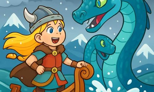 A young Viking woman, Sigrid, stands proudly on her drakkar, her wheat-colored hair flowing in the wind. Her eyes shine with excitement and courage as she gazes in awe at the great sea serpent, Jormungandr, emerging from the dark waters. Jormungandr, immense and majestic, has shimmering scales like ice and wise, bright eyes. He coils around the boat, creating splashing waves. The drakkar sails on a turbulent sea under a gray sky filled with heavy, snow-laden clouds. Snow-capped mountains rise in the background, and snowflakes gently fall around them, adding a magical touch to the scene. With an expression of determination and curiosity, Sigrid prepares to respond to Jormungandr as the roaring sea surrounds them, creating an atmosphere that is both unsettling and fascinating.
