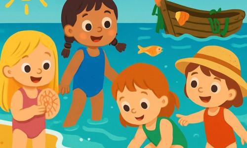 Na plaży jest cztery dzieci: Ola, Zosia, Maja i Ania, wszystkie mają trzy lata. Ola ma długie blond włosy, różowy strój kąpielowy i trzyma muszlę. Zosia ma brązowe włosy w warkoczykach, niebieski strój kąpielowy i zachwyca się dużą muszlą. Maja ma rude włosy, piegi, zielony strój kąpielowy i kuca, by dotknąć wody. Ania ma kasztanowe włosy, kapelusz słomkowy, uśmiecha się i wskazuje na starą łódź w oddali. Tło to słoneczna plaża z falami uderzającymi w złoty piasek oraz stara drewniana łódź pokryta muszlami i wodorostami. Dziewczynki trzymają się za ręce, z ekscytacją i ciekawością zbliżają się do tajemniczej łodzi, gotowe odkryć skarby ukryte pod wodą.