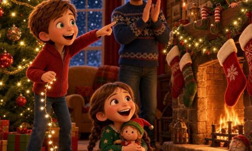 A warm Christmas living room scene: 10-year-old Noah, smiling and amazed, short light brown hair and bright green eyes, wearing a red wool jacket and jeans, points at Pip while holding a small string of lights; Mia, about 6, round cheeks and brown braids, in a green star-patterned dress, laughing and seated on the rug holding a doll with a tiny elf hat; the father, about 35 with light beard and a blue Christmas sweater, stands behind the sofa applauding toward the mantel; Pip the mischievous elf, about 25 cm tall, in a red pointed hat, green jacket with gold buttons and jingle-shoe, perched on the stone mantel with a raised hand and a proud, playful expression; polished wood floor, large red rug, decorated Christmas tree with red baubles and gold garlands to the left, stone fireplace with stockings, frosted windows showing falling snow, multicolored string lights everywhere; main moment: Pip announces he will be the 