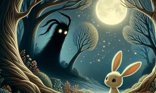 En un claroscuro misterioso, un pequeño conejo llamado Tobías, con un pelaje suave y sedoso de color crema, se encuentra en el centro de la escena, con sus grandes orejas erguidas y sus ojos desmesuradamente curiosos y valientes. Mira con determinación una sombra inquietante que se perfila ante él. Frente a él, Nox, el guardián de los miedos, aparece como una criatura alargada y oscura, con ojos brillantes como estrellas, emitiendo un resplandor melancólico. Nox parece sorprendido, su forma vacilante traiciona una emoción de vulnerabilidad, mientras se mantiene ligeramente al margen, como si dudara en avanzar. El lugar es un claro del bosque, bañado por la luz plateada de la luna, rodeado de árboles de troncos nudosos y ramas torcidas, creando una atmósfera mágica y inquietante. Las sombras bailan en el suelo y las hojas caen suavemente, añadiendo un toque de misterio al entorno. La situación principal muestra a Tobías, el pequeño conejo, enfrentándose a Nox, el guardián de los miedos, listo para enfrentar sus temores con valentía, mientras la luz de la luna ilumina su confrontación, simbolizando la lucha entre la luz y la oscuridad.