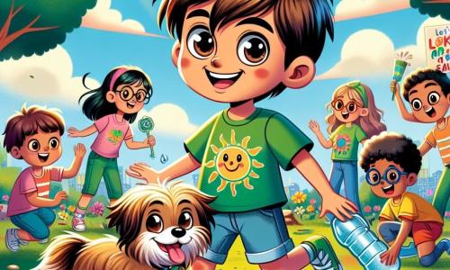Un niño de 8 años, Tomás, con cabello castaño desordenado y ojos brillantes de curiosidad, está en el centro de la imagen, sonriendo con entusiasmo. Lleva una camiseta verde con un dibujo de sol y un short de mezclilla. A su lado, su fiel perra Galleta, un pequeño perro de pelaje dorado, salta alegremente en un charco de agua, salpicando gotas brillantes a su alrededor. Al fondo, una niña de 8 años, Lucía, con cabello largo y negro, observa sonriendo, sosteniendo un cartel colorido que dice 