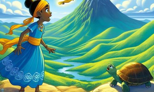 Amina, an 18-year-old woman, stands atop a majestic mountain, her face glowing with determination and wonder. She wears a flowing blue dress and has her hair tied with a bright yellow ribbon. Her eyes sparkle with excitement as she gazes at a magnificent golden bird perched on a branch, its feathers shimmering in the sunlight. Nearby, a wise old turtle, around 100 years old, sits on a rock, watching Amina with a kind smile. Its shell is adorned with natural patterns, and it seems to encourage her with its calm presence. The breathtaking landscape features rolling green hills dotted with colorful flowers, under a bright blue sky with fluffy white clouds. The main scene shows Amina, full of courage, raising her arms towards the golden bird, ready to ask for a feather to save her village. The air is filled with palpable magic, and the atmosphere is both peaceful and hopeful.