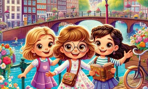 Três meninas, Sofia, Clara e Ana, estão felizes em uma linda passarela de madeira, cercadas por flores coloridas. Sofia, uma menina de 8 anos com cabelos castanhos e óculos redondos, sorri amplamente segurando um livro antigo. À sua direita, Clara, uma menina de 7 anos com cabelos cacheados e um vestido rosa, pula de excitação com os braços levantados. À esquerda, Ana, uma menina de 9 anos com cabelos negros trançados e uma camisa listrada, observa ao redor com olhos maravilhados, pronta para explorar. O local é uma charmosa passarela de Amsterdã, decorada com flores vibrantes e com um canal brilhante ao fundo, cercado por casas coloridas. Bicicletas passam lentamente pela rua de paralelepípedos, contribuindo para a atmosfera animada. A cena principal mostra as três amigas descobrindo a passarela mágica, onde encontraram um tesouro de amizade e alegria, prontas para viver uma aventura inesquecível juntas.