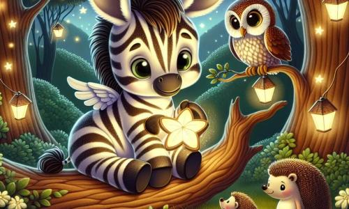 Mały zebra o imieniu Bąbelek siedzi na gałęzi drzewa, z ciekawym spojrzeniem i lekkim uśmiechem, jego duże uszy są wyprostowane, a futro gładkie i w paski czarno-białe. Trzyma lampion w kształcie kwiatu, który delikatnie świeci, oświetlając jego twarz ciepłym światłem. Obok niego mądra sowa o brązowych piórach i dużych okrągłych oczach, siedząca na innej gałęzi, przygląda się Bąbelkowi z życzliwością, lekko rozpostartymi skrzydłami, gotowa go zachęcić. Niżej mały jeż z kolczastym grzbietem i zdeterminowanym wyrazem twarzy stoi na trawie, podnosząc łapkę, by pokazać wsparcie dla swojego przyjaciela. Scena rozgrywa się w zaczarowanym lesie, gdzie drzewa są wysokie i majestatyczne, a ich liście migoczą w świetle lampionów i gwiazd, tworząc magiczną i pocieszającą atmosferę. Ziemia pokryta jest świecącymi kwiatami, które dodają koloru nocy. Bąbelek, otoczony przyjaciółmi, odkrywa piękno nocy, pokonując swój strach przed ciemnością, podczas gdy dzielą się śmiechem i historiami pod gwiaździstym niebem.