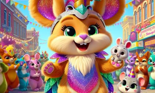 Benny the rabbit, with his soft, silky caramel-colored fur, wears a dazzling dragon-unicorn-pirate costume sparkling with multicolored glitter. He has a big joyful smile, his eyes sparkling with excitement as he dances in the crowd. Molly the mouse, small and delicate with light gray fur, is perched on Benny's shoulder, her eyes shining with happiness. She wears a small paper party hat and claps enthusiastically, adding to the festive energy of the scene. The location is a lively square in Furryville, adorned with colorful garlands and stalls overflowing with sweet treats. Balloons float in the blue sky, and critters of all kinds gather around a stage decorated with vibrant flowers. The main scene shows Benny and Molly dancing joyfully, surrounded by costumed critters, celebrating together at the Critters Carnival, with laughter and bright colors illuminating the festive atmosphere.