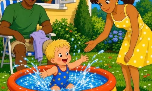 Der zweijährige Ben, lachend mit kurzen blonden Haaren und blauem Badeanzug mit kleinen Sternen, platscht im aufblasbaren Planschbecken, glitzernde Spritzer und Sonnenreflexe auf dem Wasser; neben dem Becken steht die Mutter (ca. 30) mit kastanienbraunem Pferdeschwanz und gelbem Sommerkleid mit weißen Punkten, die schützend die Hand ausstreckt, hinter dem Becken sitzt der Vater (ca. 35) mit kurzen braunen Haaren, grünem T‑Shirt und beigen Shorts auf einem Gartenstuhl, lächelnd mit einem Handtuch auf den Knien; heller Garten mit kurz gemähtem Rasen, roten und weißen Blumen, einem Holztisch mit einer Schale roter Erdbeeren und einem großen Blumentopf sowie einem hellgelben Haus mit offenem Fenster; sommerliche, sichere Atmosphäre, lebhafte Farben, weiche Konturen, 90er‑Cartoonstil, Komposition zentriert auf Becken und Familientaten.