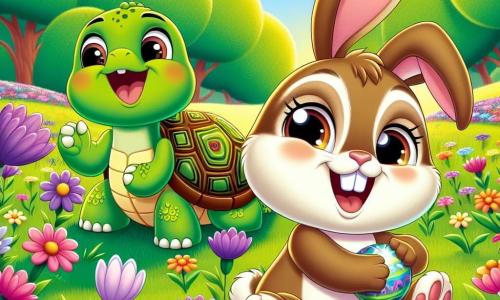 Hopsi, ein kleiner Hase mit großen Ohren und weichem, braunem Fell, lacht herzhaft in einem bunten Blumenfeld. Seine Augen strahlen vor Freude, während er einen glänzenden Spielball zwischen seinen Pfoten hält. Neben ihm lächelt Bella, eine fröhliche grüne Schildkröte mit einem bunten Panzer, und hebt ihre kleinen Vorderbeine, als wolle sie applaudieren. Lenny, ein schelmischer, leuchtend grüner Leguan, steht etwas abseits, lacht und zeigt auf eine Blume, die im Wind tanzt, seine Augen glänzen vor Vergnügen. Der Ort ist ein wunderschönes, sonniges Feld, übersät mit Blumen in allen Farben – rosa, gelb, lila und blau – die sanft im Wind wiegen. Im Hintergrund sieht man majestätische Bäume, die dem fröhlichen Bild einen Hauch von Grün verleihen. Die Hauptsituation zeigt Hopsi und seine Freunde, die gemeinsam Spaß haben, lachen und glückliche Momente teilen, während sie sich darauf vorbereiten, mit ihrem Ball in dieser zauberhaften Umgebung zu spielen.