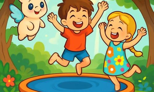 In der Mitte des Bildes springt ein Junge mit zerzausten braunen Haaren, der ein rotes T-Shirt und eine blaue Shorts trägt, fröhlich auf einem großen Trampolin, sein Gesicht strahlt vor Glück und Aufregung. Rechts von ihm lacht ein Mädchen mit geflochtenen blonden Haaren, das ein buntes Blumenkleid trägt, mit erhobenen Armen, während sie sich bereit macht, ebenfalls zu springen. Links schwebt ein kleines fantastisches Wesen, Fluffi, das wie eine Mischung aus einem Plüschbären und einem Einhorn aussieht, mit glitzernden Flügeln und funkelnden Augen, leicht über dem Trampolin. Die Szene spielt in einer sonnigen Lichtung, umgeben von hohen, knorrigen Bäumen mit leuchtend grünen Blättern, wo bunte Blumen den Boden bedecken. Im Hintergrund dringen Sonnenstrahlen durch die Äste und schaffen eine magische und fröhliche Atmosphäre. Die Kinder haben Spaß zusammen auf dem Trampolin, lachen und springen in die Luft und fangen den Geist eines abenteuerlichen Tages voller Lachen und Freundschaft ein.