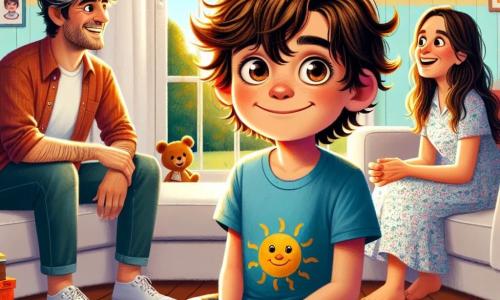 Un niño de 9 años, Santiago, con cabello castaño desordenado y ojos brillantes de curiosidad, está sentado en una alfombra colorida, con una sonrisa tímida en el rostro, sosteniendo un juego de mesa en sus manos. Lleva una camiseta azul con un diseño de sol y un pantalón corto de mezclilla. A su lado, su mamá, Elena, una mujer de treinta años con cabello largo y ondulado, vestida con un vestido floral, sonríe cálidamente mientras mira a su hijo, sentada en el sofá. Su papá, Javier, un hombre de treinta años con barba ligera y un suéter rojo, está de pie cerca de la ventana, observando la escena con una mirada comprensiva. La habitación es luminosa y acogedora, con paredes pintadas de amarillo pastel, fotos familiares colgadas y juguetes esparcidos por el suelo. Una gran ventana deja entrar la luz del sol, iluminando la atmósfera alegre. La situación principal muestra a Santiago, rodeado de sus padres, organizando una noche de juegos, llena de risas y complicidad, a pesar de la separación, ilustrando el amor y el apoyo familiar.