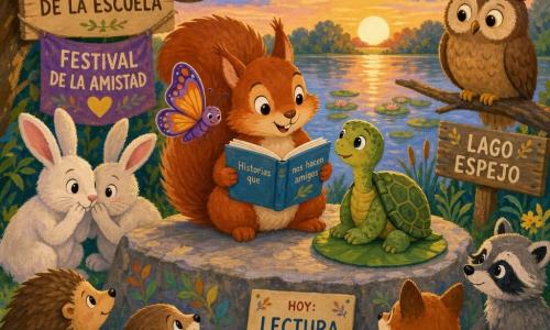 Una pequeña ardilla roja llamada Tito, alegre y concentrada, sentada en una gran roca plana junto a un lago con un libro azul abierto entre las patas y la cola esponjosa en arco; frente a él, una tortuga verde llamada Tom, tímida y feliz, sobre una hoja de nenúfar mirando el libro; una mariposa llamada Leila de alas violetas y naranjas revoloteando cerca del hombro de Tito; otros animales escolares —dos conejos blancos susurrando y un búho marrón posado en una rama— en semicírculo alrededor de la roca, en un rincón escolar al aire libre junto al 
