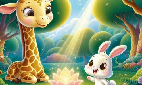 O girafă numită Gigi, cu un gât lung și elegant și pete aurii pe blana sa, stă veselă în mijlocul scenei, cu ochii mari strălucind de curiozitate și excitație. Lângă ea, un iepuraș pe nume Roco, cu blană albă și moale, sări de bucurie, zâmbetul său radiant iluminându-i fața. Decorul este o poiană minunată într-o pădure fermecată, înconjurată de copaci mari cu frunze verzi strălucitoare și flori colorate care dansează în vânt, în timp ce un raze blând de soare filtrează printre crengi. Gigi și Roco descoperă împreună o floare magică, "Floresia", care strălucește de o lumină orbitoare în mijlocul poienii, simbolizând prietenia și bucuria. Se află aproape de această floare, pregătiți să o admire, înconjurați de o atmosferă de fericire și uimire.