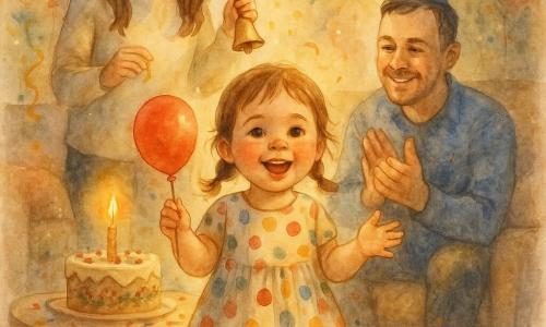 Bambina di 4 anni dal viso rotondo e guance rosate, capelli castano chiaro in due trecce, sorriso meravigliato e occhi luminosi, vestito a pois colorato, tiene un piccolo palloncino rosso e ripete entusiasta 