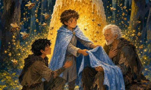 Principe Elio, circa 14 anni, volto aperto e deciso, capelli castani ricci, con corona sottile e mantello azzurro pallido, sorride e tende il mantello in gesto protettivo; Nerio, circa 15 anni, capelli neri arruffati, sguardo vulnerabile ma sollevato, abiti logori, riceve il calore del mantello in piedi accanto al principe con un ginocchio leggermente piegato; Omero, anziano di circa 70 anni, volto rugoso e occhi stanchi ma commossi, seduto su un tronco al centro, accetta il mantello sulle ginocchia; intorno, sciami di api dorate brillanti formano spirali di luce; ambientazione in una radura del Bosco delle Ombre Fresche con alti tronchi scuri, ombre blu-grigie pendenti, tappeto di muschio verde e un grande favo antico al centro che emette un bagliore caldo; scena intima e luminosa: il principe presta il mantello per riscaldare l'anziano del regno, le ombre si ritirano, composizione centrata, luci mielate calde in contrasto con i toni freddi del bosco, texture visibili e colori saturi.