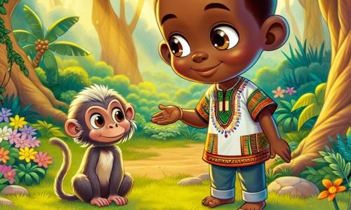 Kwame, ein etwa 10-jähriger afrikanischer Junge, steht am Ufer eines wunderschönen Teichs im Nyame-Wald. Er hat leuchtende, neugierige Augen, eine warme braune Haut und trägt ein buntes T-Shirt mit traditionellen Mustern. Sein Gesicht zeigt Staunen und Entschlossenheit, während er sein Spiegelbild im Wasser betrachtet und die Weisheit erkennt, die er in sich selbst gefunden hat. Neben ihm sitzt ein weiser alter Affe mit grauem Fell und schelmischen Augen auf einem niedrigen Ast. Er lächelt wohlwollend und beobachtet Kwame stolz, als wüsste er, dass der Junge etwas Wichtiges entdeckt hat. Die Umgebung ist ein herrlicher tropischer Wald mit majestätischen Bäumen, die dicke Stämme und leuchtend grüne Blätter haben, die das Sonnenlicht in sanfte goldene Strahlen filtern. Bunte Blumen bedecken den Boden, und Vögel mit lebhaftem Gefieder singen in den Ästen. Die Hauptsituation zeigt Kwame, der auf sein Spiegelbild im Teich schaut und erkennt, dass er die wahre Weisheit in sich selbst gefunden hat, während der Affe ihn mit einem Lächeln ermutigt und eine Atmosphäre von Magie und Entdeckung schafft.