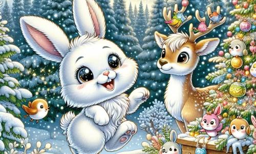 Ilustración que representa un pequeño conejo de grandes orejas y pelaje blanco, con ojos redondos y brillantes, que salta alegremente en la nieve, con una gran sonrisa en su rostro. Junto a él, un pequeño ciervo de pelaje marrón claro, con ojos suaves y curiosos, mira al conejo sonriendo, con sus pequeñas astas decoradas con guirnaldas de Navidad. Más lejos, un grupo de pequeños pájaros coloridos, posados en una rama, cantan alegremente, sus plumas brillantes añadiendo color a la escena. El lugar principal es un bosque encantado, donde los árboles están cubiertos de una gruesa capa de nieve brillante, y luces de Navidad brillan entre las ramas, creando una atmósfera mágica y festiva. La situación principal muestra al conejo y al ciervo bailando alegremente alrededor de un gran árbol de Navidad decorado, mientras los pájaros cantan y copos de nieve caen suavemente del cielo. Elementos gráficos adicionales incluyen estrellas doradas brillando en el cielo, guirnaldas luminosas colgadas de los árboles, y pasteles de Navidad coloridos sobre una pequeña mesa de madera al lado del árbol.