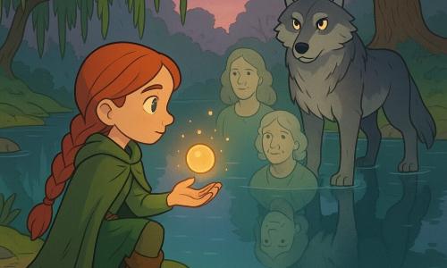 Niña principal: Niamh, expresión serena y resuelta, pelirroja con larga trenza, capa verde gastada y botas de cuero embarradas, arrodillada junto a una laguna brillante sosteniendo una pequeña esfera de luz dorada que flota sobre su palma. Personaje secundario no humano: guardián lobo, gran lobo de pelaje gris plateado y ojos ámbar, de pie en el agua en la orilla opuesta con actitud protectora y serena. Personajes secundarios humanos en reflejo: madre (unos 40 años) y abuela (unos 70 años), siluetas luminosas y translúcidas en el reflejo del agua, rostros benevolentes y algo difuminados detrás de Niamh. Lugar: laguna oculta rodeada de sauces llorones, agua azul cristalina, piedras con musgo y sendero de runas, un sauce inclinado y un antiguo roble al fondo, ligera niebla y cielo crepuscular violeta-rosado. Situación: despertar mágico — la esfera dorada se eleva de la mano de Niamh, partículas de luz disipan la niebla y los reflejos de las ancianas emergen de la superficie, atmósfera calmada, misteriosa y esperanzadora.