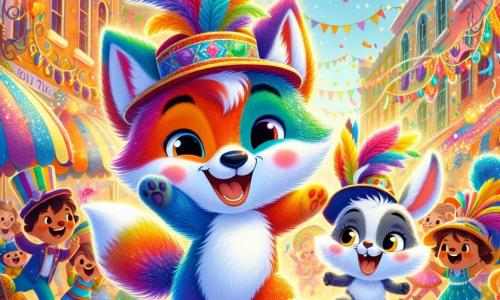 Um pequeno lobo chamado Lupi, com um pelo suave e colorido como um arco-íris, sorri alegremente enquanto caminha em um carnaval. Suas cores vibrantes, vermelho, laranja, amarelo, verde, azul e violeta, brilham ao sol. Ao seu lado, um coelhinho travesso chamado Beto, com grandes orelhas e um pelo branco brilhante, salta de alegria, seus olhos brilhando de excitação. Ele usa um pequeno chapéu festivo e agita confetes coloridos no ar. O cenário é uma rua animada, decorada com guirlandas coloridas, balões flutuantes e decorações cintilantes. Crianças riem e dançam ao redor, enquanto músicos tocam melodias alegres. A cena mostra Lupi e Beto desfilando juntos, cercados de risos e cores vibrantes, capturando o espírito alegre e festivo do carnaval.