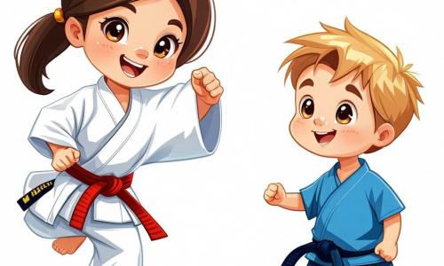 Ein 6-jähriges Mädchen, Mia, mit langen braunen Haaren und leuchtenden Augen steht in der Mitte des Bildes, lächelnd und voller Entschlossenheit, während sie einen Karate-Tritt ausführt. Sie trägt einen weißen Kimono mit einem roten Gürtel, der ihren Mut und ihren Willen zu lernen symbolisiert. Rechts von ihr ermutigt ein 7-jähriger Junge namens Tom mit zerzausten blonden Haaren und einem blauen T-Shirt sie mit einem breiten Lächeln, während er die Arme zur Unterstützung hebt. Links von ihr applaudiert ein weiteres Mädchen, Lila, 6 Jahre alt, mit schwarzen Haaren und einem kleinen Zopf, begeistert im rosa Kimono. Der Hintergrund zeigt einen hellen Karate-Raum mit grünen Matten, Spiegeln an den Wänden und Medaillen an einem Brett, was eine dynamische und motivierende Atmosphäre schafft. Die Hauptsituation zeigt Mia, die voller Vertrauen mit ihren Freunden trainiert und den Teamgeist sowie die Freude am gemeinsamen Sport verkörpert.