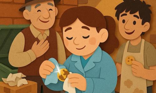 Uma mulher detetive (Clara), rosto redondo, cabelo castanho em rabo de cavalo, casaco azul-claro com bolsos, expressão concentrada e aliviada, segura uma pequena medalha brilhante coberta de lama e a limpa cuidadosamente com um pano branco; um guarda (João), cerca de 50 anos, cabelo grisalho curto, alto, com colete marrom e chapéu gasto, está atrás de Clara à esquerda, mãos sobre o peito, rosto caloroso e aliviado; um empregado da cantina (Marco), cerca de 25 anos, cabelo preto bagunçado, avental bege com manchas de farinha, está à direita, sorriso tímido, oferecendo um pequeno biscoito; lugar: uma viela atrás do museu com um contentor verde aberto, caixas de papelão empilhadas, papéis amassados, uma lâmpada pendente que lança luz suave e sombras recortadas, chão de paralelepípedos com algumas folhas; situação: Clara retira a medalha do monte de caixas, a medalha brilha apesar da lama, os três formam um círculo próximo, atmosfera de descoberta feliz e cooperação, cores vivas e texturas visíveis.