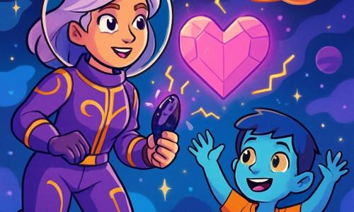 Uma mulher exploradora com cabelos prateados flutua no espaço, seus olhos brilhando de determinação e deslumbramento. Ela veste um traje espacial roxo adornado com padrões dourados, e em sua mão, segura um amuleto de obsidiana que brilha com magia. Ao seu lado, um menino com olhos dourados e pele azul clara, chamado Eryon, observa com fascinação as maravilhas do universo, com os braços levantados em sinal de admiração. O ambiente é uma paisagem cósmica impressionante, repleta de nebulosas coloridas em tons de azul, roxo e rosa, com estrelas cintilantes e planetas flutuantes ao fundo. A cena principal mostra a mulher e o menino diante de um imenso coração de cristal flutuante, emitindo uma luz suave e vibrante, enquanto raios de energia mágica dançam ao seu redor, criando uma atmosfera mágica e misteriosa.