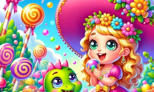 Princess Lila, a young girl with golden hair and sparkling eyes, wears a large pink hat adorned with colorful flowers. She smiles in wonder while holding a big jelly bean in her hand. Next to her, Puff, a small green dragon with shiny scales and round eyes, jumps joyfully with soap bubbles floating around him. Their environment is a magical island with trees shaped like lollipops and bushes overflowing with multicolored jelly beans. The sky is a bright blue, dotted with fluffy clouds. The scene depicts Lila and Puff playing a fun game, searching for the funniest hat among the colorful plants, while laughter echoes around them.