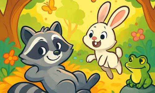A young raccoon named Rusty, with shiny gray and black fur and curious sparkling eyes, is lying on a bed of golden leaves, displaying an expression of contentment and laziness. Next to him, a small rabbit with big ears, Pippin, with white fur and a mischievous look, joyfully hops around, ready to explore, while a wise green frog, Fergus, with a cheeky smile, stands on a rock, watching the scene with amusement. In the background, an enchanted clearing bathed in golden light, surrounded by twisted tree trunks and colorful flowers that seem to smile, creates a magical atmosphere. Rusty, Pippin, and Fergus are preparing to discover a hidden treasure, surrounded by shimmering butterflies dancing in the air, adding a touch of fantasy to their adventure.