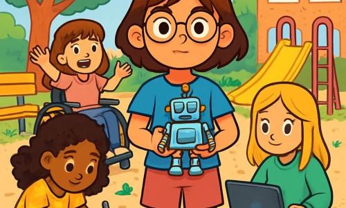 Er zijn 4 kinderen: - Noor: een 10-jarig meisje met bruin haar en ronde bril, in een blauwe t-shirt en een roze short. Ze staat in het midden, met een vastberaden blik, en houdt een klein plastic robot vast. - Samira: een 10-jarig meisje met zwart, krullend haar, gekleed in een gele bloemenjurk. Ze staat links van Noor en tekent plannen in een notitieboek met een gekleurde potlood. - Evi: een 10-jarig meisje met blond, steil haar, in een groene sweatshirt en een spijkerbroek. Ze zit rechts van Noor voor een laptop, met haar ogen op het scherm gericht. - Mila: een 10-jarig meisje met kastanjebruin haar en een pony, in een mooie roze blouse. Ze zit in een rolstoel, glimlachend, en staat iets achteraan, terwijl ze haar vriendinnen enthousiast aanmoedigt. De locatie is de speelplaats van een school, met groene bomen, kleurrijke banken en speeltoestellen. De grond is bedekt met grind en kleine wilde bloemen die tussen de stenen groeien. De belangrijkste situatie toont de vier vriendinnen verenigd, vastbesloten om een robot te bouwen voor de schoolwedstrijd, terwijl ze de genderstereotypen uitdagen. Ze werken samen, omringd door tekeningen en gereedschap, klaar om te bewijzen dat iedereen zijn dromen kan waarmaken, ongeacht zijn geslacht.