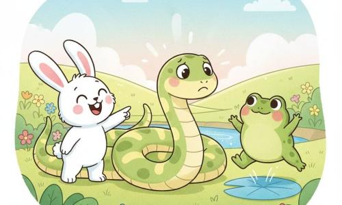 A long round pale green snake with yellow stripes looks worried but gentle, wiggling as it searches for its tail; to its left Benny, a small fluffy white rabbit with big round eyes, laughs and points; to its right Tilly, a plump green frog with rosy cheeks, jumps by a lily pad. They play hide-and-seek in a sunny meadow with waving grass, colorful flowers, a small bright blue pond and a pastel sky; soft lines, pastel colors, rounded contours and simple textures create a tender, lighthearted scene.