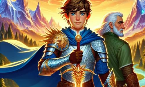 A young man, Cedric, around 17 years old, stands proudly atop a hill, wielding a shimmering sword, the Sword of Dawn, which emits a golden light. His face is determined, with eyes shining with hope and courage, and his brown hair flows in the wind. He wears shiny armor adorned with dragon motifs and a blue cloak that billows behind him. Beside him, Sir Alric, a man in his fifties with a weathered face and gray beard, looks at him with pride. He is dressed in older battle-scarred armor and holds a wooden shield decorated with ancient runes, ready to defend his young protégé. In the background, a fantastical landscape stretches out: majestic mountains with snowy peaks, a dense and mysterious forest, and a sky vibrant with warm colors at sunrise, illuminating the scene with a golden glow. The main situation shows Cedric and Alric preparing to face an army of dark creatures gathering in the distance, while flashes of light erupt from the Sword of Dawn, symbolizing hope and courage in the face of adversity.