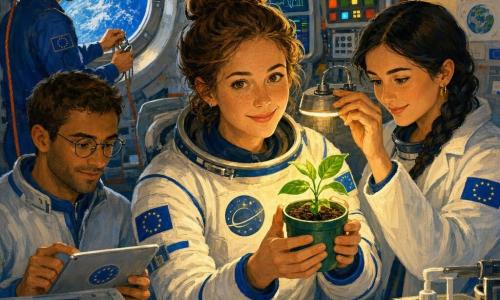 A smiling, serene female astronaut in her thirties with brown hair in a bun and freckles, wearing a white spacesuit with blue details and a mission badge, gently holds a small potted green plant and looks at the camera to share a discovery; behind her to the left a tanned male engineer in his thirties with short hair and round glasses types on a silver console tablet with a focused yet kind expression, to the right a female botanist in her late twenties with braided black hair and an open lab coat adjusts a growth lamp over the plant, and in the background left a reassuring, smiling male pilot around 32 checks a safety tether near a porthole; interior of a space station with smooth metal walls, colorful control panels, tidy cables and a round window showing blue-and-white Earth, warm yellow fixtures and cool screen light; moment of presentation and camaraderie centered on the plant and the astronaut’s radiant face; acrylic painting style with visible brushstrokes, vivid contrasting colors, thick textures and soft optimistic atmosphere emphasizing faces and the plant.