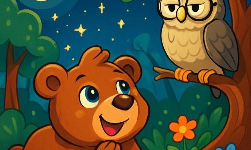 Un piccolo orso marrone di nome Tobia, con un naso rotondo e occhi brillanti di curiosità, è sdraiato sull'erba verde, guardando il cielo stellato con un sorriso meravigliato. Accanto a lui, un vecchio gufo dalle piume grigie e con occhiali rotondi, posato su un ramo, osserva Tobia con un'espressione saggia e divertita. La scena si svolge in una foresta magica, dove gli alberi hanno tronchi contorti e foglie scintillanti alla luce della luna, e fiori colorati danzano dolcemente al vento. Tobia, affascinato dalle stelle, si chiede cosa ci sia oltre questo cielo brillante, mentre il gufo, con uno sguardo complice, sembra pronto a condividere segreti di saggezza.