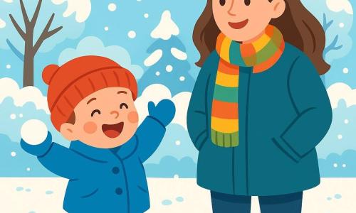 Een jongetje van 2 jaar, met roze wangen en sprankelende ogen, draagt een grote blauwe jas en een rode muts. Hij lacht vrolijk met zijn armen omhoog terwijl hij een sneeuwbal gooit. Naast hem staat zijn moeder, een vrouw van ongeveer 30 jaar met lang bruin haar en een kleurrijke sjaal. Ze glimlacht terwijl ze naar haar zoon kijkt, met haar handen in de zakken van haar jas. De scène speelt zich af in een winterpark, waar de bomen bedekt zijn met een dikke laag glinsterende sneeuw en de grond bedekt is met witte vlokken. Kleurrijke vogels pikken zaden uit de sneeuw, wat leven toevoegt aan dit vredige landschap. Het jongetje heeft plezier met het maken van een sneeuwbal, terwijl zijn moeder hem aanmoedigt met een warme glimlach, wat een vrolijke en familiale sfeer creëert.