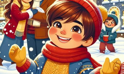 A 5-year-old boy with chestnut hair and sparkling eyes wears a red scarf and yellow gloves. He is laughing and dancing in the snow, his cheeks rosy from the cold. Next to him, his mother, a woman in her thirties with long brown hair and a blue coat, smiles while holding a cup of hot chocolate, watching her son with tenderness. His father, a man in his thirties with light facial hair and a wool hat, stands a bit back, laughing and taking photos of this joyful moment. The setting is a charming village square covered in a thick layer of sparkling snow, surrounded by houses with snow-covered roofs and decorated with fairy lights. Snowflakes gently fall from the sky, adding to the magical winter atmosphere. The main scene shows the boy enjoying playing in the snow, surrounded by his family, while snowflakes dance around them, creating a festive and warm scene in the heart of winter.