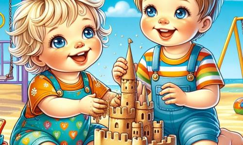 Mały chłopiec, Kubuś, ma rok, ma rozczochrane blond włosy i duże niebieskie oczy, radośnie się uśmiecha, budując zamek z piasku na dużym placu zabaw. Ma na sobie kolorowy kombinezon i siedzi na złotym piasku, mając ręce pełne ziarenek piasku. Obok niego jest jego najlepszy przyjaciel, Jasio, dwuletni chłopiec z brązowymi włosami i różowymi policzkami, który go zachęca, unosząc ramiona, jakby świętował ich dzieło. Jasio ma na sobie koszulkę w paski i szorty, stoi trochę z tyłu, aby lepiej podziwiać zamek. Plac zabaw jest pełen żywych kolorów, z huśtawkami i zjeżdżalniami w tle, a niebo jest niebieskie z kilkoma puszystymi białymi chmurami. Piasek jest miękki i ciepły pod ich małymi rękami. Główna scena przedstawia Kubuśa i Jasia, którzy wspólnie budują piękny zamek z piasku, śmiejąc się i bawiąc, podczas gdy lekki wiatr porusza ich włosami. Obraz uchwyca istotę ich przyjaźni i radość wspólnej zabawy.