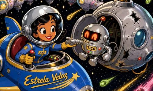Ana, jovem piloto sorridente e corajosa com capacete prateado e traje espacial azul com faixas amarelas, manobra o manche de sua pequena nave compacta Estrela Veloz; o robô Tico, corpo metálico redondo e luminoso com visor vermelho‑laranja, flutua ao lado de uma cápsula danificada e estende um braço para ser resgatado. Ao fundo, um habitat orbital de módulos brancos e pastéis com janelas redondas suspenso como um colar de pérolas; no espaço profundo negro salpicado de estrelas, uma chuva de meteoros rosa, verde e dourada deixa rastros luminosos. Ana prendeu a cápsula com um cabo dourado, a porta está aberta e ela sorri ajudando Tico a subir enquanto os meteoros passam em arco; cores vivas, contornos grossos, expressões exageradas e formas arredondadas, composição centrada na nave e na cápsula.