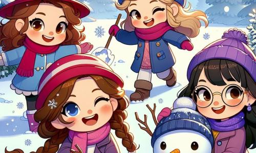 Quattro amiche di cinque anni si trovano in un paesaggio invernale incantevole. Sara, con i capelli castani e ricci, indossa un berretto rosso e un cappotto blu, ride mentre tiene una palla di neve in mano. Accanto a lei, Mia, con i capelli biondi e lisci, è avvolta in una sciarpa rosa e fa l'occhiolino, pronta a lanciare una palla di neve. Livia, con i capelli castani e una treccia, indossa un cappotto viola e si prepara a scolpire un pupazzo di neve, sorridendo. Infine, Emma, con i capelli neri e gli occhiali, raccoglie rami per fare le braccia del pupazzo di neve, il suo viso splendente di gioia. Il panorama è un campo innevato, con la neve che brilla sotto il sole invernale. Gli alberi maestosi, coperti di neve, si ergono sullo sfondo e i fiocchi di neve cadono dolcemente dal cielo blu. Le quattro amiche si divertono a costruire un grande pupazzo di neve, ridendo e giocando insieme mentre lanciano palle di neve, creando un'atmosfera magica e catturando lo spirito delle avventure invernali.