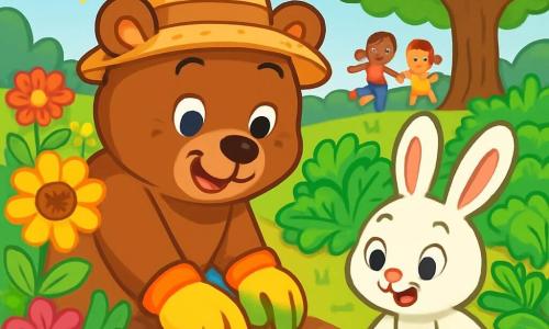 Ein fröhlicher Braunbär namens Bruno mit einem breiten Lächeln und funkelnden Augen pflanzt gerade Samen in einem sonnigen Garten. Er trägt einen kleinen Strohhut und bunte Gartenhandschuhe und ist von leuchtenden Blumen und grünen Gemüse umgeben. Neben ihm schaut ein kleiner weißer Hase namens Hoppel mit langen Ohren und neugierigen Augen aufmerksam auf die Samen, voller Aufregung. Er hat einen verspielten Ausdruck und hält eine kleine Schaufel in seinen Pfoten. Im Hintergrund erstreckt sich ein üppiger Garten, gefüllt mit bunten Blumen, ordentlich angeordnetem Gemüse und einem großen schattigen Baum, unter dem andere Kinder spielen und lachen. Die Szene strahlt eine Atmosphäre des Glücks und der Kameradschaft aus und zeigt den Spaß, gemeinsam in der Natur während der Sommerferien zu arbeiten.