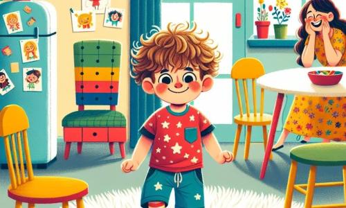 Een driejarig jongetje, Tim, met rommelig bruin haar en sprankelende ogen van nieuwsgierigheid, danst vrolijk in het midden van de kamer, met zijn armen omhoog en een grote glimlach op zijn gezicht. Hij draagt een rode t-shirt met sterren en een blauwe short, terwijl zijn verschillende sokken een speelse toets aan zijn uiterlijk geven. Naast hem staat zijn moeder, een vrouw van ongeveer 30 jaar met lang, krullend haar, gekleed in een kleurrijke bloemenjurk, die lachend naar hem kijkt terwijl hij danst. Ze staat bij de keukendeur, met haar handen op haar heupen, vol bewondering voor haar zoon. De scène speelt zich af in een lichte woonkamer, vol kleurrijke meubels. Houten stoelen, een ronde tafel en een zacht tapijt creëren een warme sfeer. De muren zijn geschilderd in pastelgeel, en kindertekeningen versieren de koelkast, wat een gezinsvriendelijke sfeer toevoegt. In het midden van de illustratie dansen en zingen de stoelen vrolijk, hun poten van de grond stijgend, terwijl muzieknoten door de lucht zweven. Tim, blij, probeert het ritme van de stoelen te volgen, wat een feestelijke en magische sfeer creëert in dit bizarre en absurde moment.