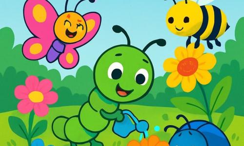 Un pequeño gusanito llamado Tito, con un cuerpo verde brillante y ojos chispeantes de curiosidad, está en el centro del jardín, sonriendo con entusiasmo. Está regando una flor colorida, moviendo sus pequeñas patas con alegría. A su lado, una mariposa llamada Lila, con alas multicolores y un rostro radiante de felicidad, vuela alrededor de las flores, animándolas con dulces palabras. Un poco más lejos, una abeja llamada Bibi, con rayas amarillas y negras brillantes, poliniza una flor, mostrando una expresión concentrada. Finalmente, un escarabajo llamado Pablo, con un caparazón brillante y antenas curiosas, se inclina para quitar las hojas secas, luciendo una sonrisa orgullosa. El lugar es un jardín exuberante, lleno de flores vibrantes en tonos de rosa, amarillo, azul y violeta, con hojas verdes brillantes y un cielo azul claro salpicado de nubes blancas. La escena principal muestra a Tito y sus amigos trabajando juntos con alegría para regar y cuidar las flores, creando una atmósfera de camaradería y felicidad en este jardín vibrante.