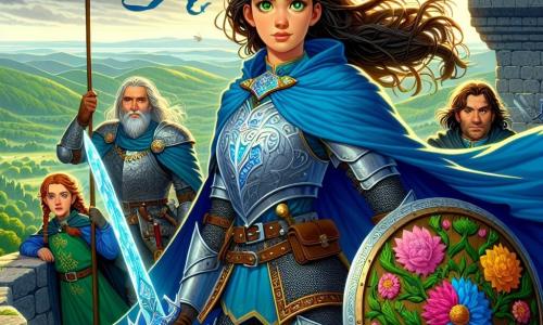 Una intrépida caballera, Elayne, se erige orgullosamente sobre una muralla de piedra, con su capa azul ondeando al viento. Sus ojos verdes brillan con una ardiente determinación, y su armadura reluciente refleja la luz del sol naciente. Empuña una espada brillante, lista para defender su reino. A su lado, Lysa, una joven escudera de 14 años con trenzas de cabello castaño, observa con admiración y valentía, sosteniendo un escudo decorado con motivos florales. Tarian, un hombre de unos 60 años, con barba gris y arrugas marcadas por la experiencia, se encuentra detrás de ellos, con el rostro grave pero orgulloso, observando el campo de batalla. El escenario es una fortaleza medieval, con muros de piedra rugosa y banderas ondeando, que domina un paisaje verde y ondulado. A lo lejos, nubes oscuras anuncian una tormenta, mientras que las siluetas de enemigos se dibujan en el horizonte. La escena principal muestra a Elayne, lista para llevar a sus compañeros a una batalla decisiva para salvar Valcorona, con una mezcla de esperanza y valentía iluminando su rostro.