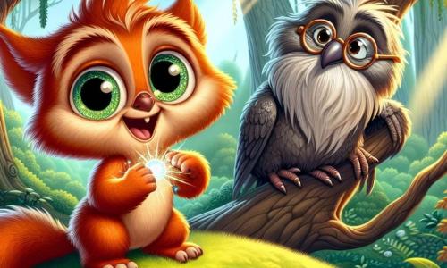 Un vulpix jucăuș numit Fifi, cu blana roșie strălucitoare și ochi plini de curiozitate, stă în vârful unei coline verzi, ținând o piatră mică strălucitoare în labele din față. Zâmbește larg, plin de mândrie și entuziasm. Lângă el, o bufniță bătrână și înțeleaptă, cu ochelari mari și pene gri, plutește în aer, privind cu admirație și încurajare. Decorul este o pădure fermecată, cu copaci majestuoși, flori colorate care dansează în vânt și raze de soare care pătrund prin frunze, creând o atmosferă magică. Fifi descoperă piatra magică, iar bufnița îl încurajează, sărbătorind momentul în care Fifi realizează că este un erou, pregătit să salveze pădurea cu noua sa putere.