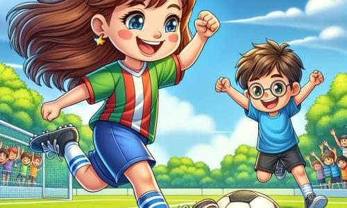 Una ragazza di 8 anni, Elisa, con lunghi capelli castani e occhi scintillanti di gioia, è al centro dell'immagine, sorridente e piena di energia, mentre calcia una palla da calcio con determinazione. Indossa una maglietta colorata e pantaloni corti, le sue scarpe da ginnastica sono leggermente impolverate, testimoniando il suo entusiasmo sul campo. Accanto a lei, Marco, un ragazzo di 8 anni con capelli castani e occhiali rotondi, la incoraggia con un grande sorriso, sollevando le braccia in aria per celebrare il momento. Indossa una maglietta blu e pantaloni corti neri, e si tiene leggermente in disparte, pronto ad applaudire la sua amica. Sullo sfondo, si vede un parco verdeggiante, con alberi maestosi e un cielo blu punteggiato di nuvole bianche. Il campo da calcio è ben delimitato, con linee bianche e spettatori entusiasti che applaudono. La scena principale mostra Elisa mentre calcia in porta, concentrata e piena di determinazione, mentre la palla vola verso la rete, simboleggiando lo spirito di squadra e l'entusiasmo dello sport.