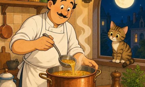 Un hombre, el chef Tomás, sonriente con bigote fino, alto, con delantal blanco ligeramente arrugado y toca corta, vierte una sopa humeante en una gran olla de cobre en el centro de la mesa; una gatita atigrada curiosa en el alféizar derecho, cola enroscada, mira la olla; cocina cálida y simple con madera clara, azulejos beige, luz amarilla suave, estantes con frascos de colores y una ventana circular mostrando la luna brillante; ambiente nocturno y tranquilo, vapor en suaves volutas, colores cálidos, contornos nítidos, estilo infantil, composición centrada en el chef y la olla.