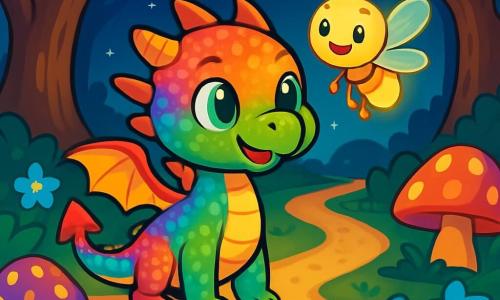 Lira, a small dragon with shimmering rainbow-colored scales, stands at the edge of a mysterious path, her emerald eyes shining with excitement and determination. Her delicate wings, still a bit too small to fly far, are slightly spread, ready to assist her on her adventure. Beside her, Pip, a cheerful firefly with a glowing body and translucent wings, buzzes with enthusiasm, illuminating the scene with a soft golden glow. He floats around Lira, his face radiating support and encouragement. The setting is an enchanted forest, where majestic trees with gnarled trunks rise towards a starry sky, and phosphorescent flowers light up the ground. Giant, brightly colored mushrooms dot the path, creating a magical and welcoming atmosphere. Lira stands before the intersection of three paths, her heart racing as she hesitates on which direction to take to find the precious Star Gem, the key to dispel the dark mist threatening her world.