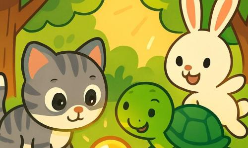 Un gattino di nome Miao, con un pelo morbido e striato di grigio e bianco, esprime grande curiosità con i suoi grandi occhi tondi e brillanti. È accovacciato nell'erba verde, con le orecchie ritte, mentre guarda una bella palla di vetro che brilla al sole. Accanto a lui, una saggia tartaruga di nome Tarta, con un guscio verde e occhi furbi, avanza lentamente, sorridendo e osservando Miao. Un coniglietto di nome Binky, con grandi orecchie e pelo bianco, salta gioiosamente vicino a loro, pronto ad aiutarli nella loro ricerca. La scena si svolge in una foresta incantata, con alberi maestosi e foglie verdi, fiori colorati sparsi sul terreno e raggi di sole che filtrano tra i rami. Miao, Tarta e Binky sono in cerca della palla di vetro che è rotolata tra i cespugli, i loro volti illuminati dall'eccitazione dell'avventura.