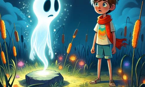Un fantasma luminoso y translúcido, llamado Fantasmo Lúcido, flota con una expresión melancólica en su rostro, sus ojos brillantes reflejan un destello de esperanza. Tiene una silueta etérea, con contornos borrosos, y filamentos de luz que bailan a su alrededor, como estrellas en la noche. A su lado, un niño de diez años llamado Leo, con el cabello castaño alborotado y una gran bufanda roja alrededor del cuello, mira al fantasma con determinación. Leo lleva una camiseta colorida y un pantalón corto, y se mantiene firme, listo para ayudar a su amigo. Su entorno es un marjal misterioso, envuelto en una espesa niebla que se levanta del suelo, revelando juncos de colores vivos y flores brillantes que emergen del agua. Sombras bailan a su alrededor, creando una atmósfera mágica e intrigante. La situación principal muestra a Leo y Fantasmo Lúcido frente a la Piedra del Destino, una piedra brillante sobre un pedestal de musgo, emitiendo una luz dorada que ilumina la luna. Están a punto de tocar la piedra juntos, uniendo sus fuerzas para restaurar el equilibrio del marjal.