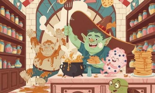 Olly, a cheerful mint-green ogre with an oversized floppy hat, wide smile and sparkling eyes, flips a giant pancake with a large spatula, a big flour smudge on his cheek; Fuzzy, a small cotton-candy-colored Fluffernutter with berry-sticky fur, bounces on the counter laughing and holds an overflowing plate; Blunderbuss, a clumsy syrup-covered ogre, slips on the sticky floor in the background with a contrite but amused grimace; Gertie, an old turtle with round glasses, sits at the big wooden table wiping syrup from her paws with a cloth, amused; the village kitchen is fantastical—white marshmallow brick walls, red-and-white striped candy-cane roof, shelves of colorful jars, a bubbling syrup cauldron and a cloud of flour in the air; overall joyful pancake-making chaos—flour puffed into clouds, syrup flowing like a little wave, stacked pancakes and one stuck to the ceiling—warm, bright, very colorful, comic expressions and dynamic movement